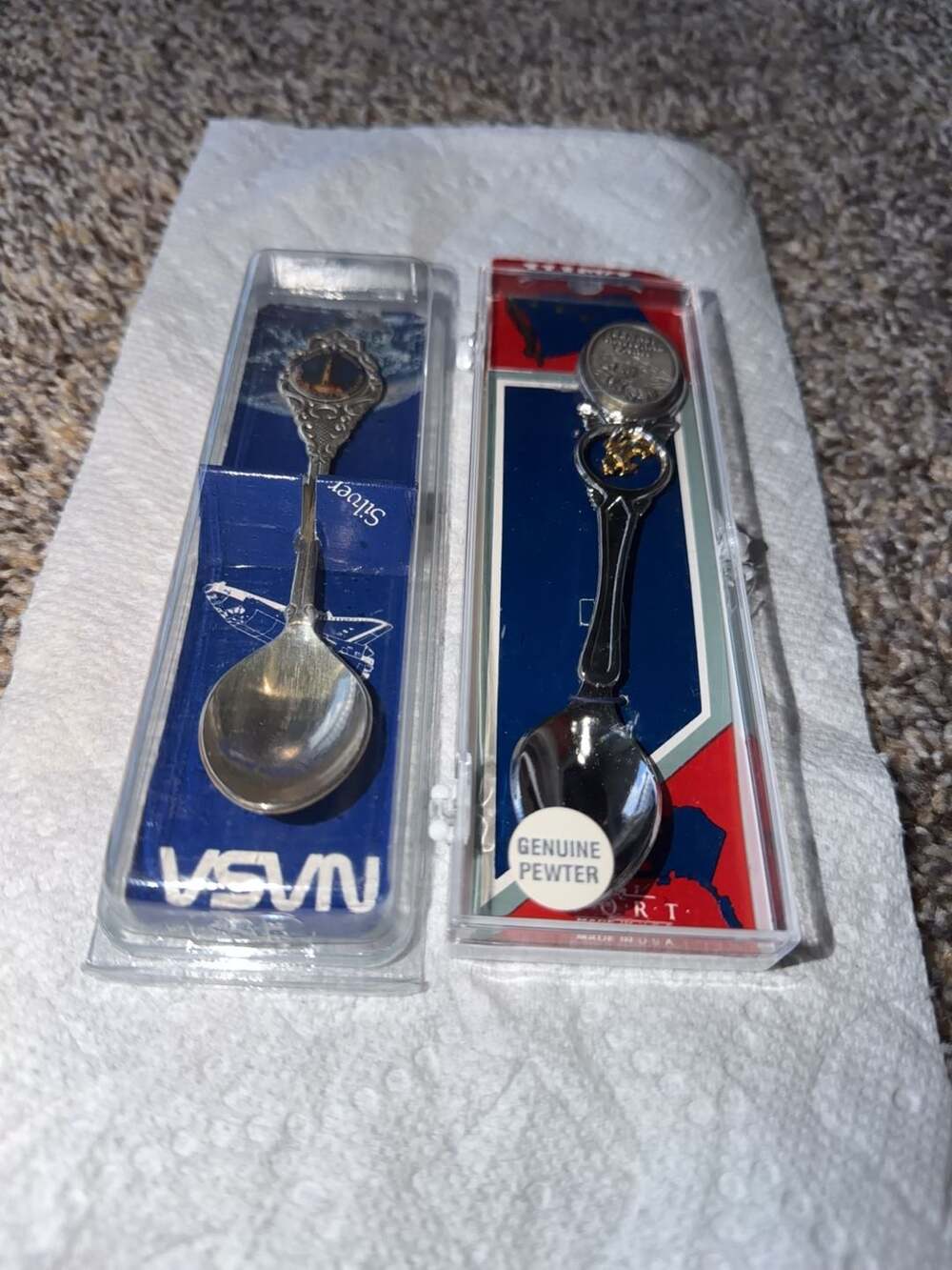 Set of 2 Collectible Souvenir Spoons: NASA Space Shuttle and Alaska Genuine Pewt